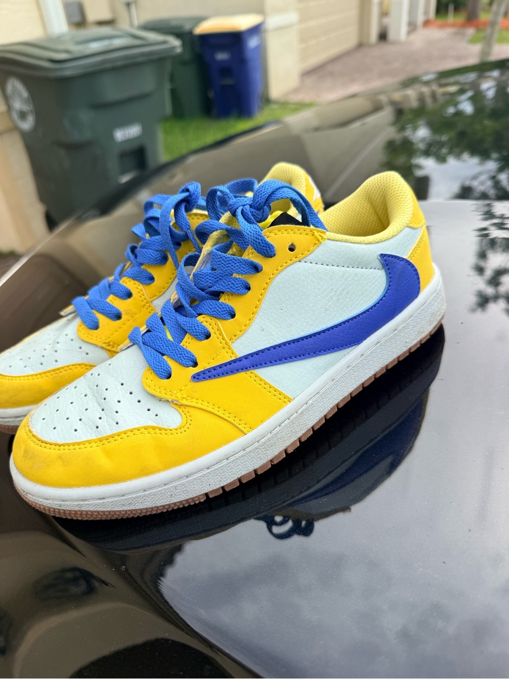 Travis Scott Yellow, Blue and White Low-Top Sneakers
